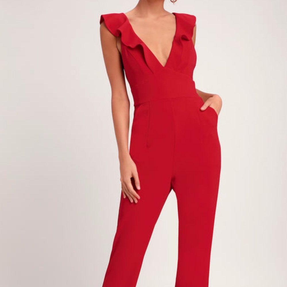 Lulu's Red Ruffle V-Neck Jumpsuit
